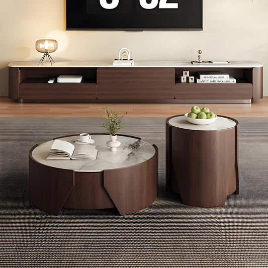 32''-35''Mid Century Coffee Table Set of 2 with Rock Slab Countertop and Walnut Grain