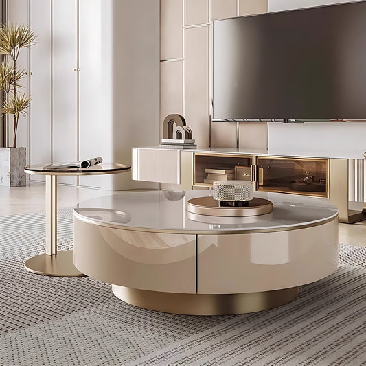 32''-35''Round Coffee Table Set with Rock Slab Countertop and Small Tempered Glass Desk