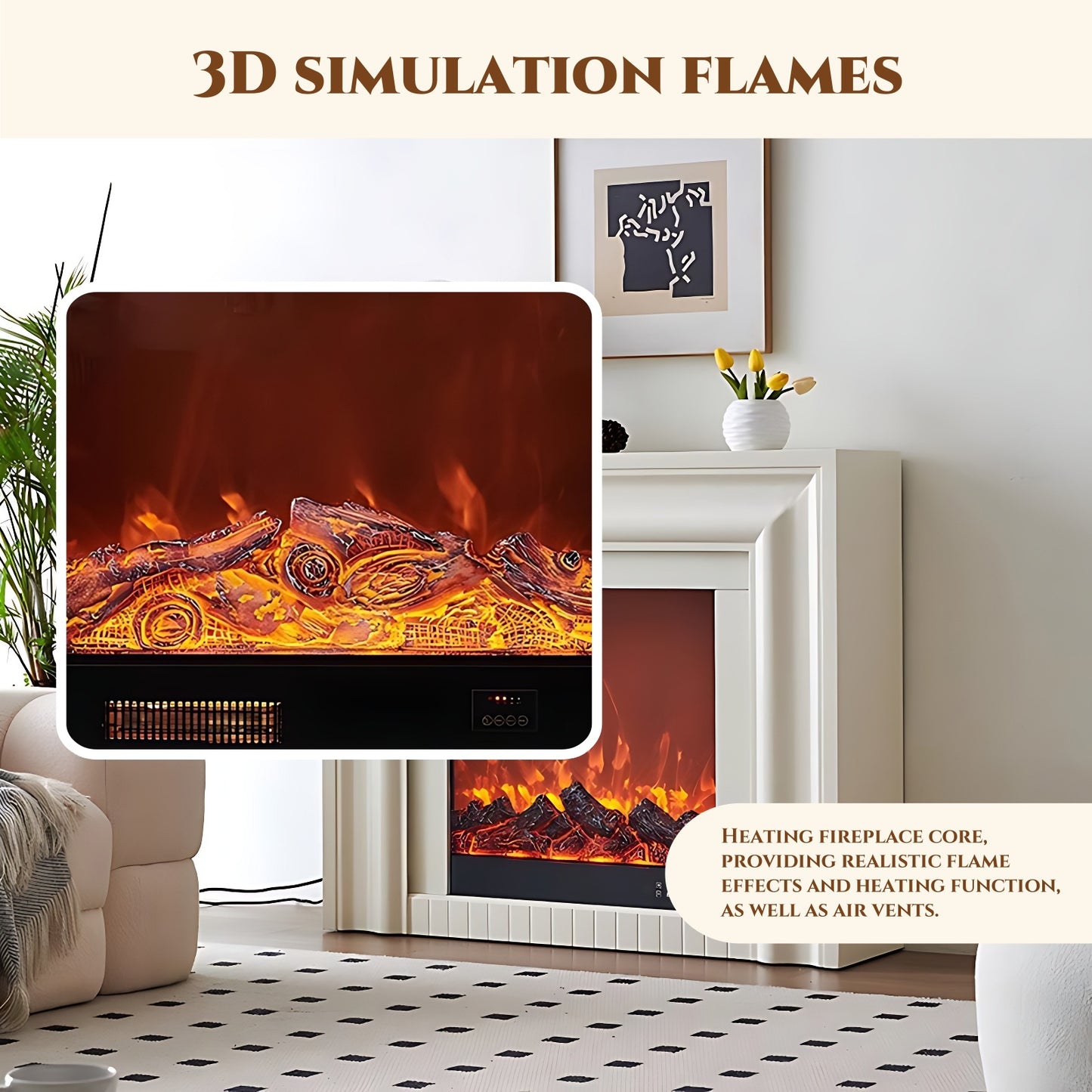47'' Electric Fireplace with Mantel & LED Ambient Light and 3D Real Flame Effect
