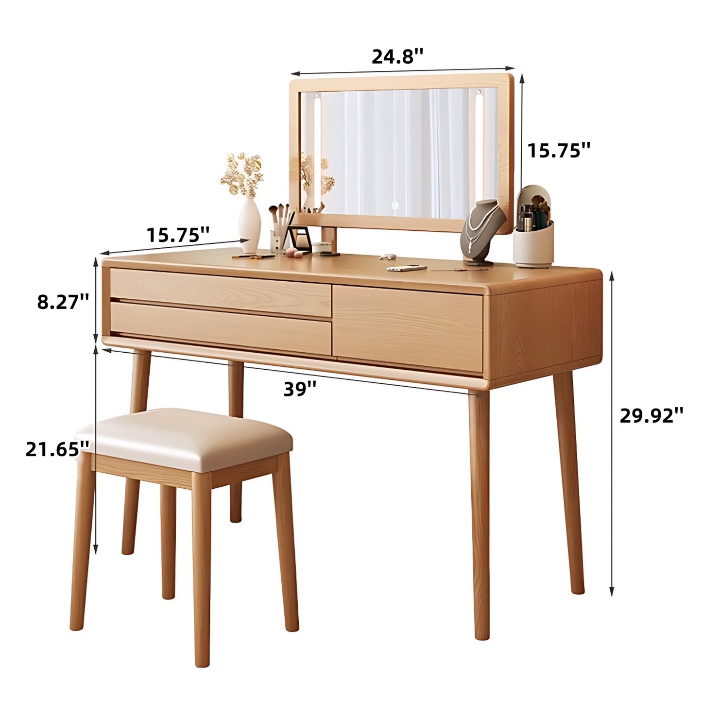 32''-39'' Solid Wood Makeup Vanity Desk Large Smart Mirror and stool,for Bedroom