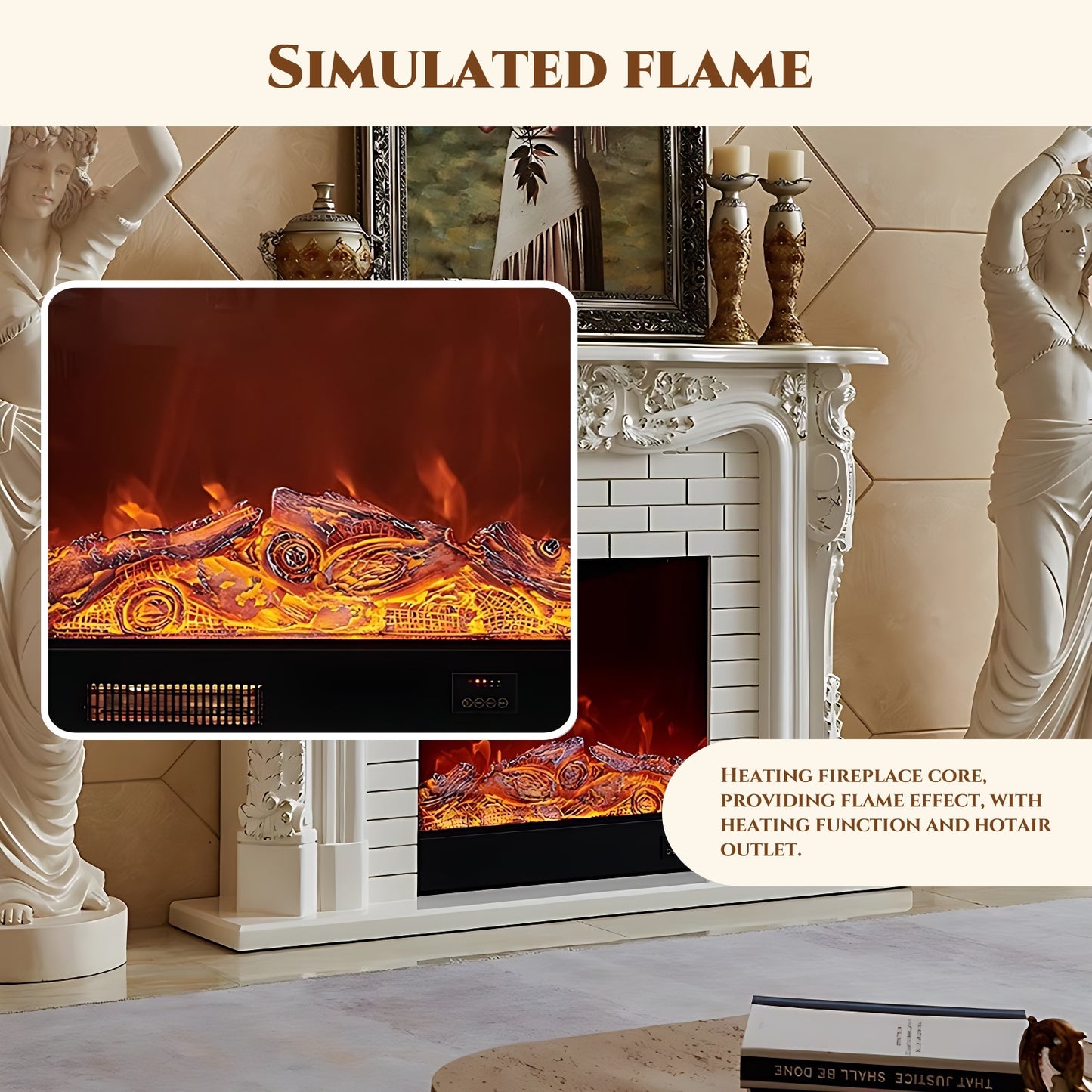 59'' European Style Electric Fireplace with Simulated Flame Effect and Exquisite Carving