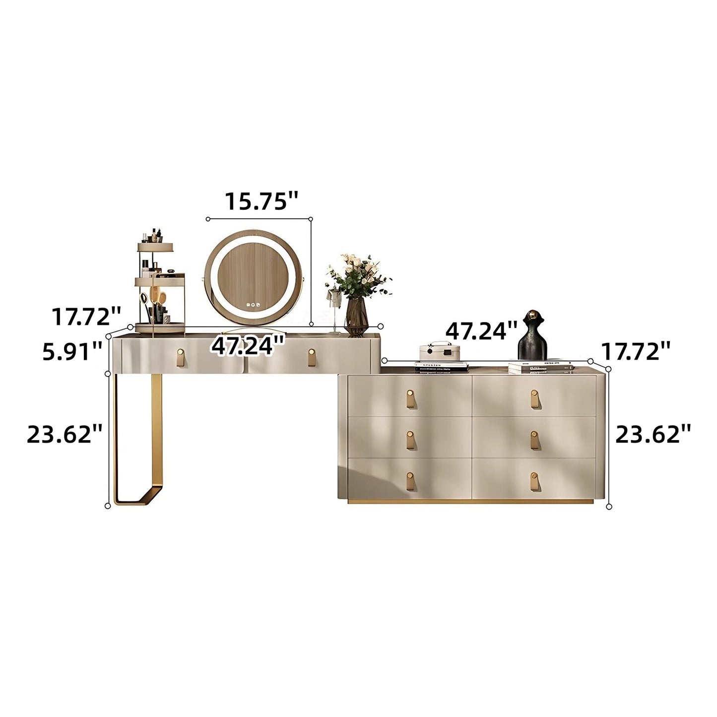 47'' Leather Makeup Vanity with Smart LED Light Mirror and Stool,Rock Slab Desktop