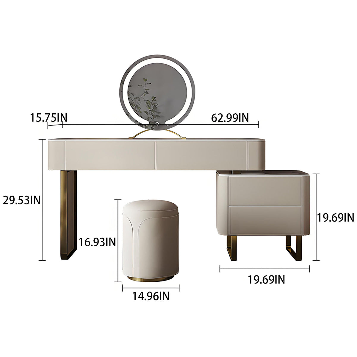 47''-63'' Makeup Vanity with Smart LED Light Mirror and Stool & Rock Slab Top,Leather