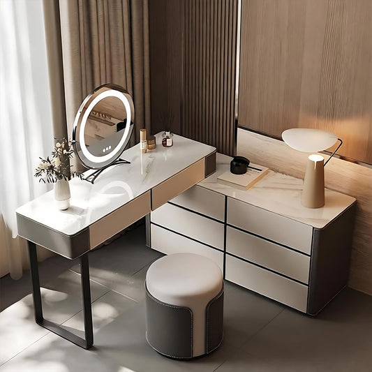 32''-47'' Leather Makeup Vanity with Smart LED Lights Mirror and Rock Slab Top & Stool