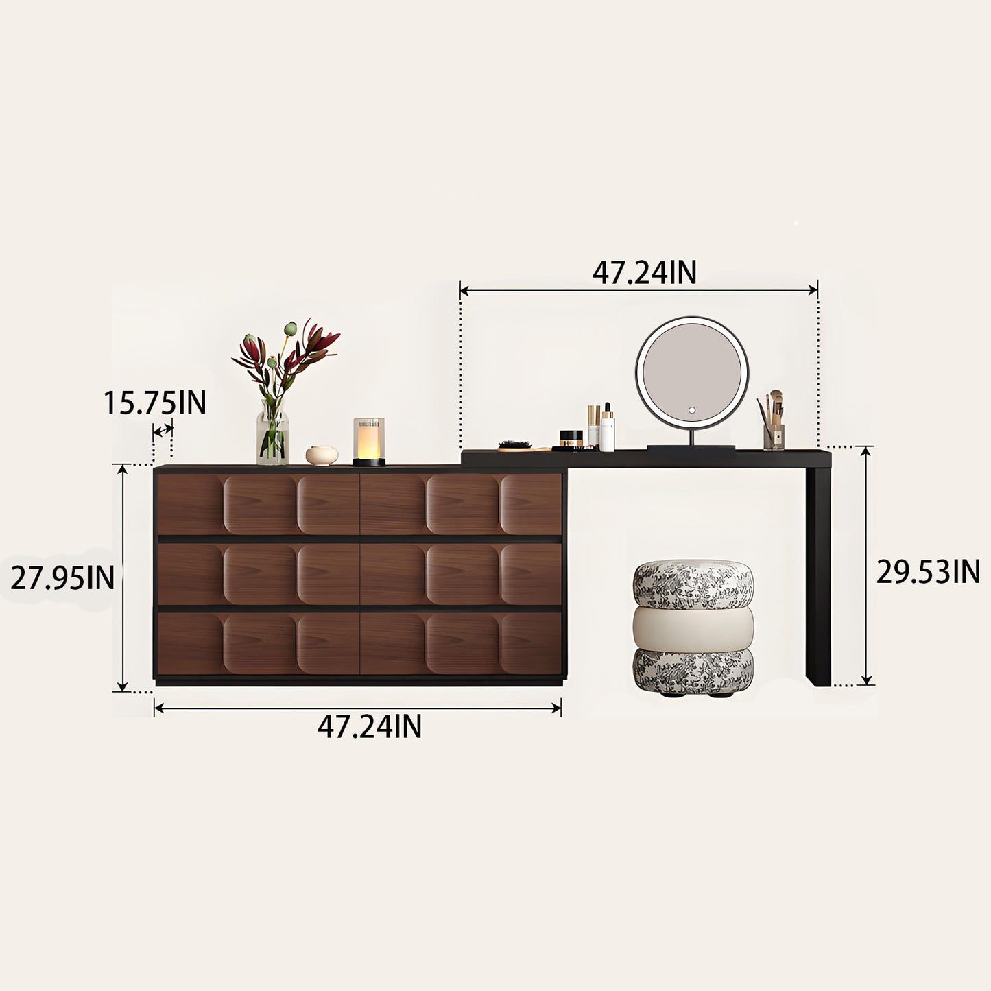 47'' Makeup Vanity with Walnut Veneer & Smart LED Mirror and Stool for Bedroom,Retro