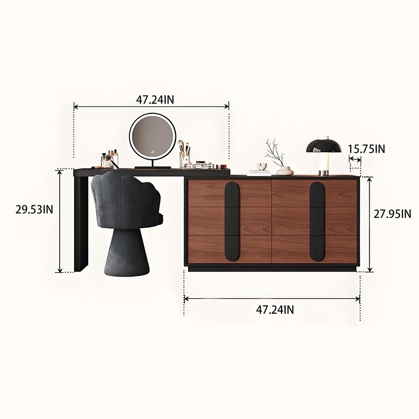 47'' Mid Century Makeup Vanity with Stool and Smart LED Lights Mirror & Walnut Veneer