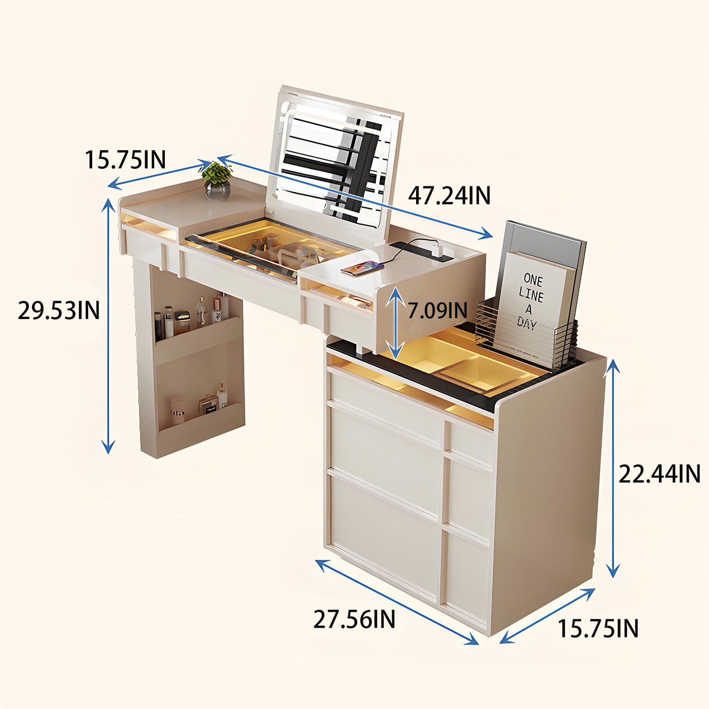 39-47'' Makeup Vanity with Flip up Smart Mirror and Glass Top & LED Ambient Light,Stool