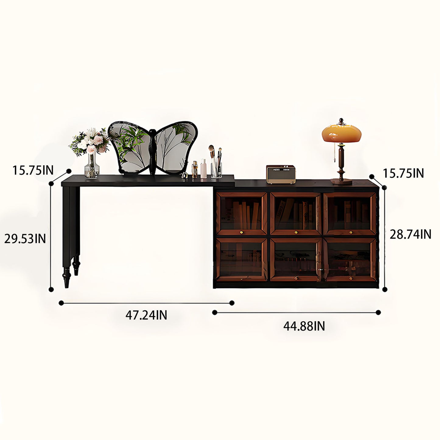 47''Vanity Set with Butterfly Mirror and Stool & 6 glass Flip up Cabinet Doors,Mid Century