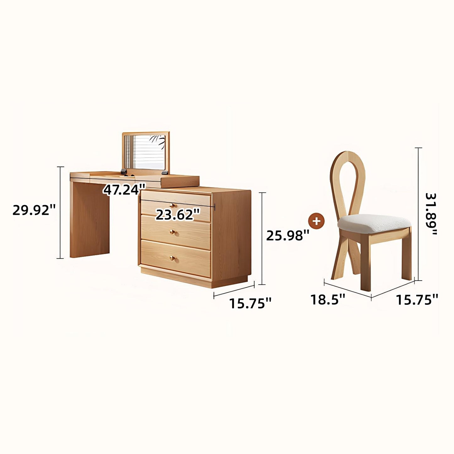 39''-47'' Vanity Desk with Flip up Mirror and Stool,Solid Wood Mid Century Makeup Vanity