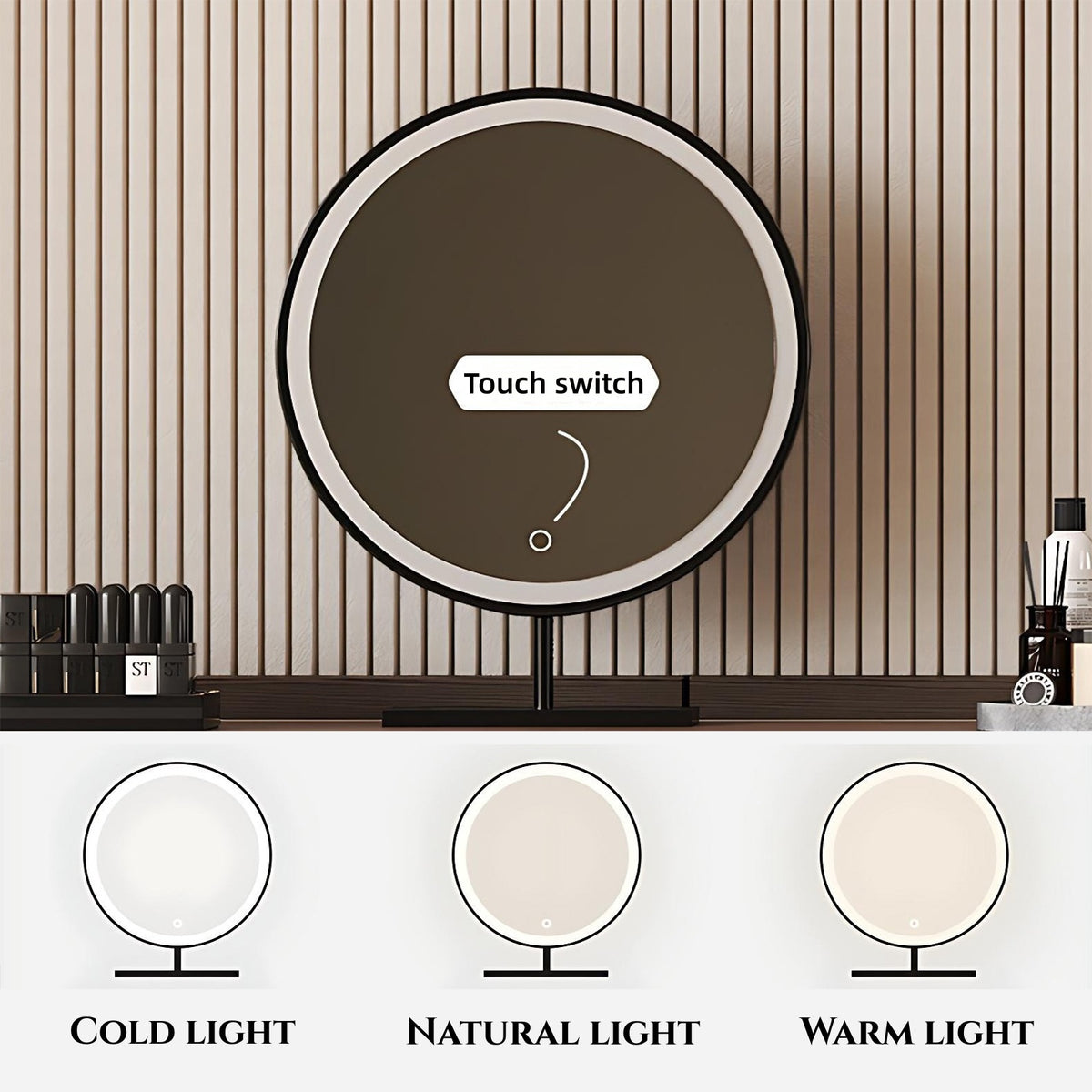 47'' Makeup Vanity with Tempered Glass Top and LED Ambient Lights,Mirror & Stool,Leather