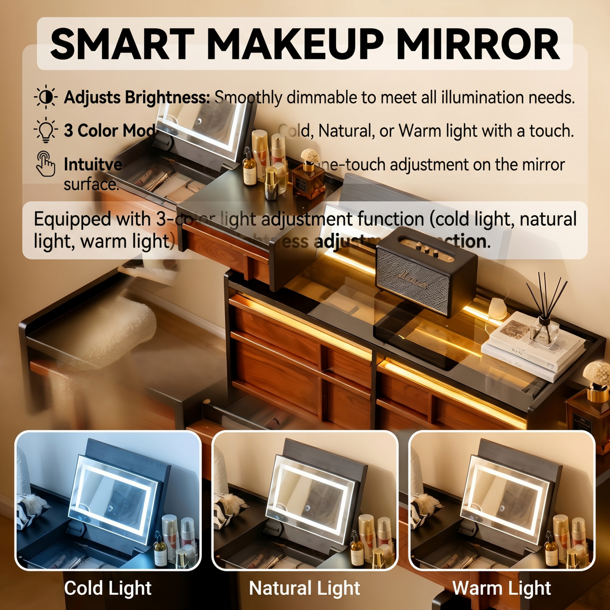 47'' Vanity Set with Mirror and Tempered Glass Top & LED Ambient Light,Stool,Mid Century