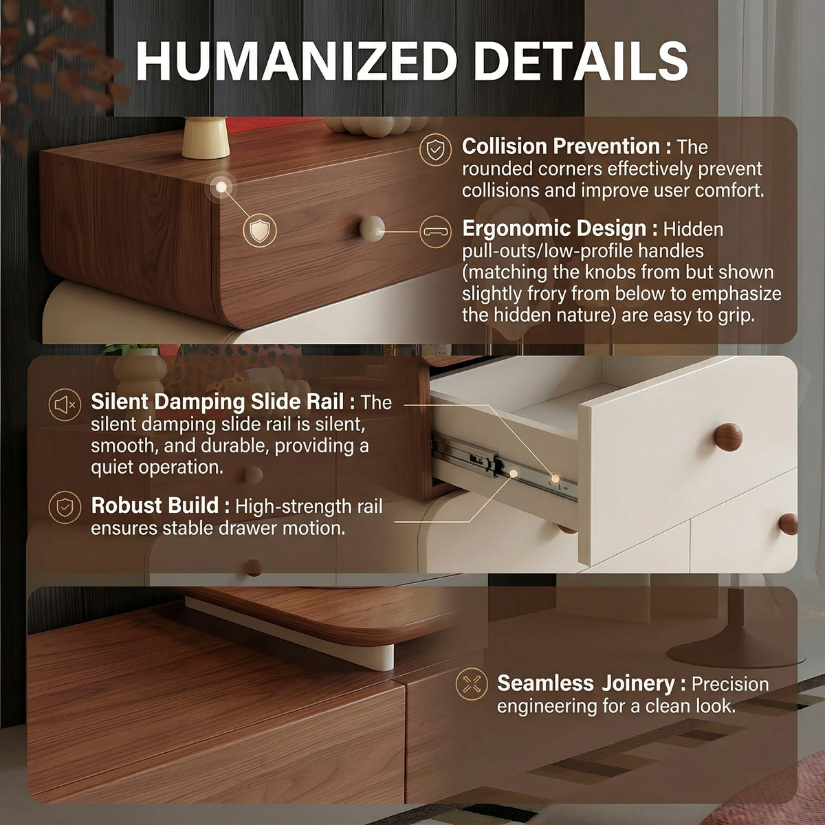 47'' Vanity Set with Walnut Veneer Top and Stool & Smart LED Lights Mirror for Bedroom