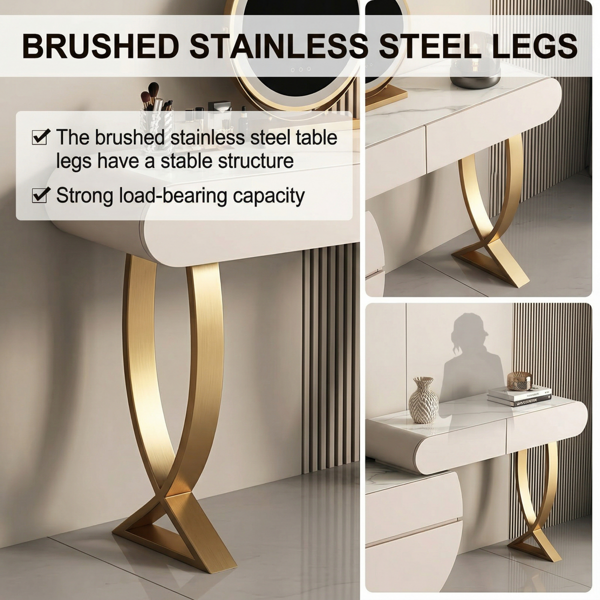 47'' & 63'' Leather Makeup Vanity with Stool and Smart LED Light Mirror,Rock Slab Top
