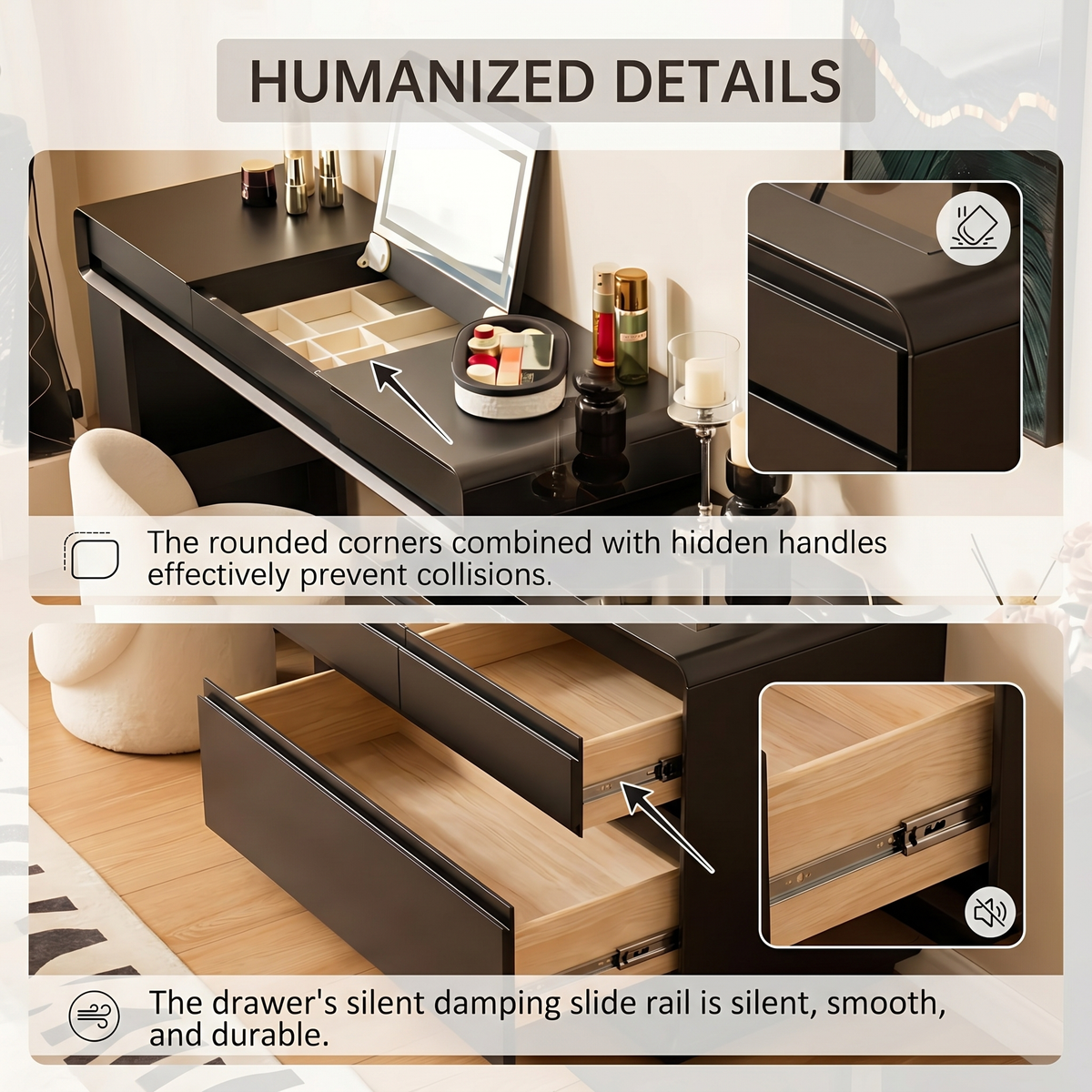 47''Vanity Set with Flip up Smart Mirror and Tempered Glass Top & LED Ambient Light,Stool