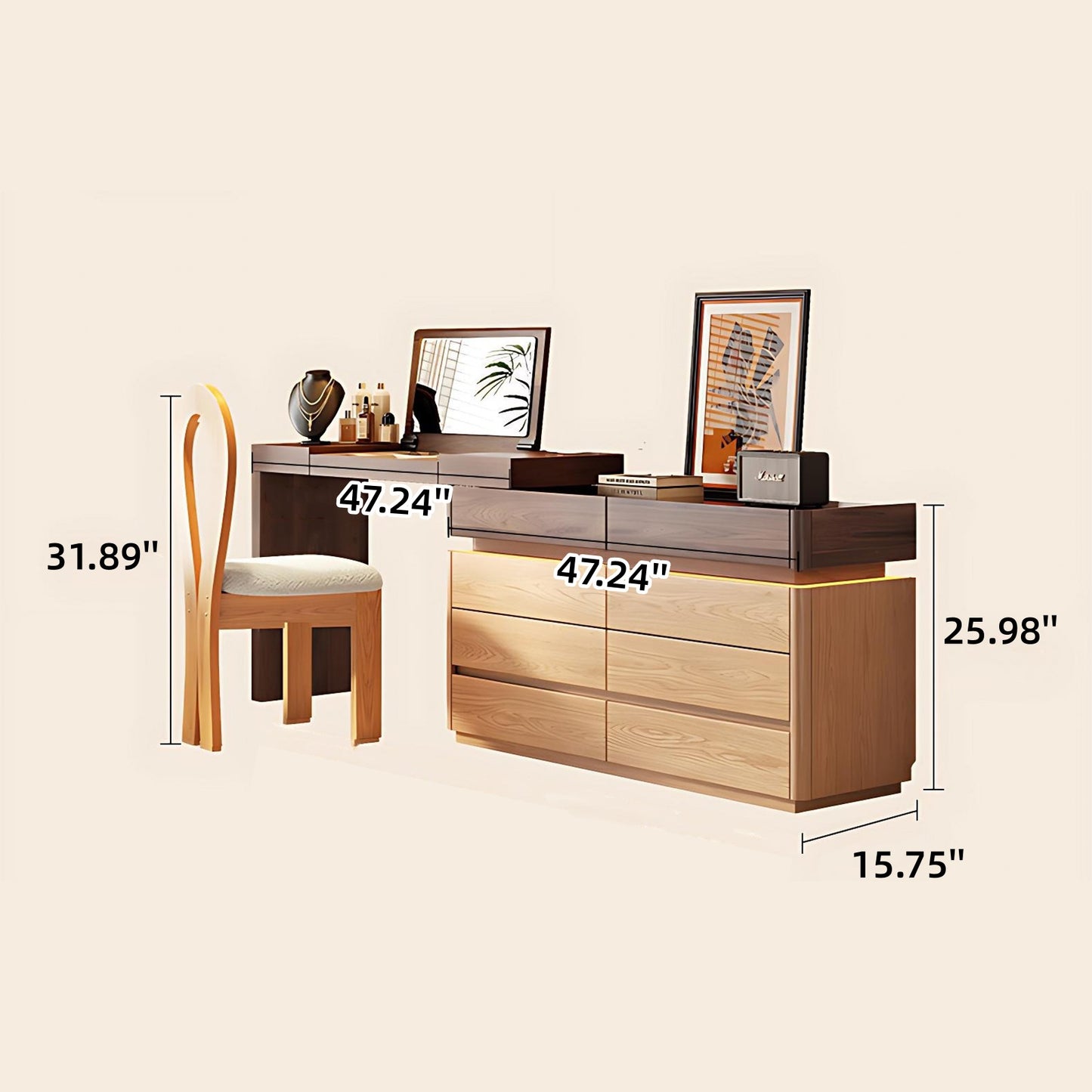 39''-47'' Makeup Vanity with Glass Top and LED Ambient Light & Flip up Mirror and Stool