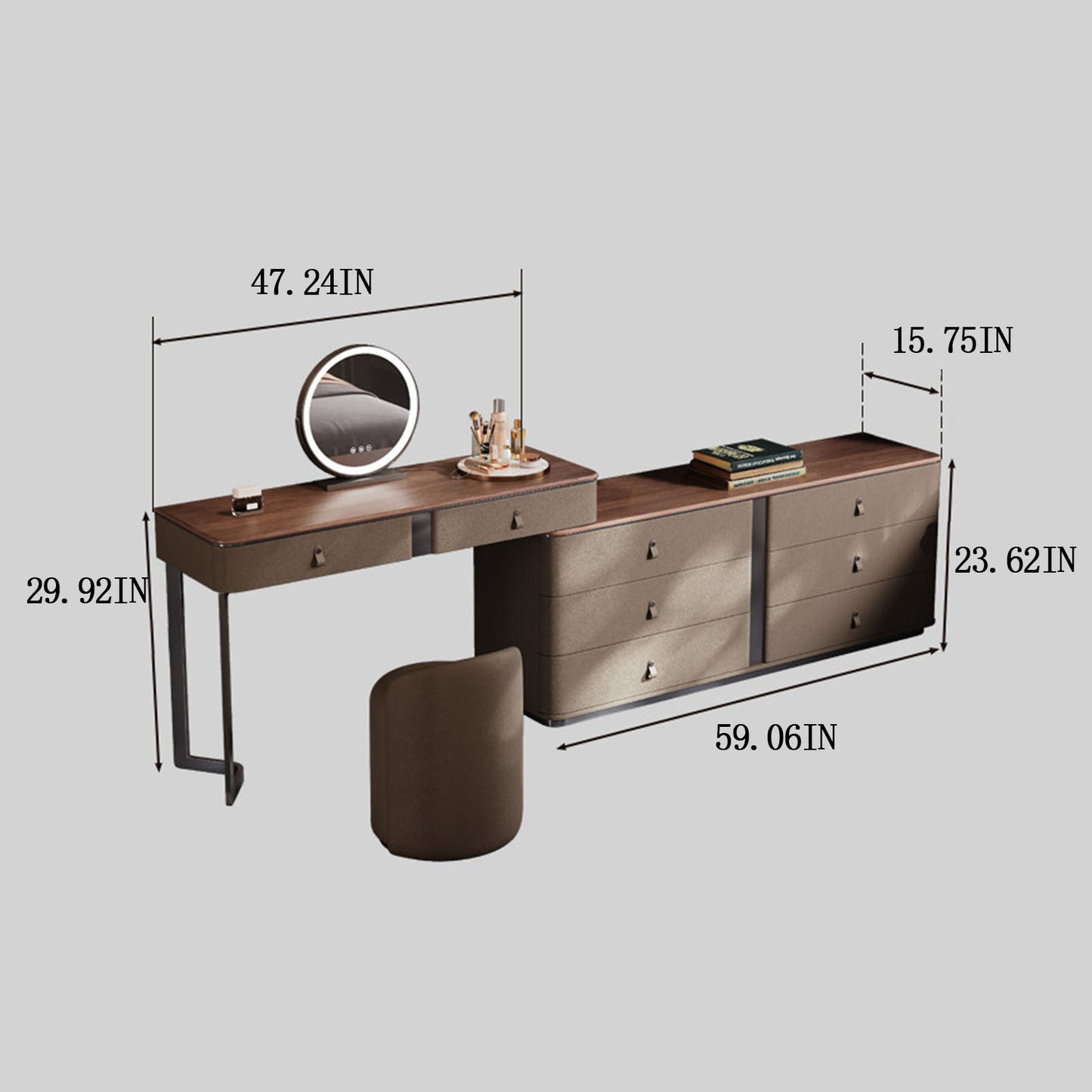 39''-47''Leather Vanity with Walnut Veneer Top and Smart LED Lights Mirror & Stool,59IN