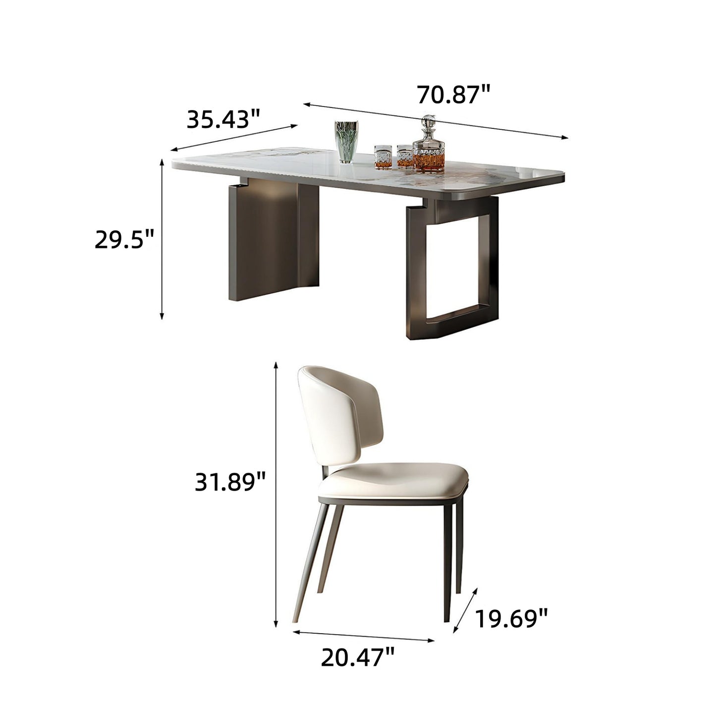 55''-71''Sintered Stone Dining Table with 4 Chairs & Stainless steel Legs for 6-8 peoples