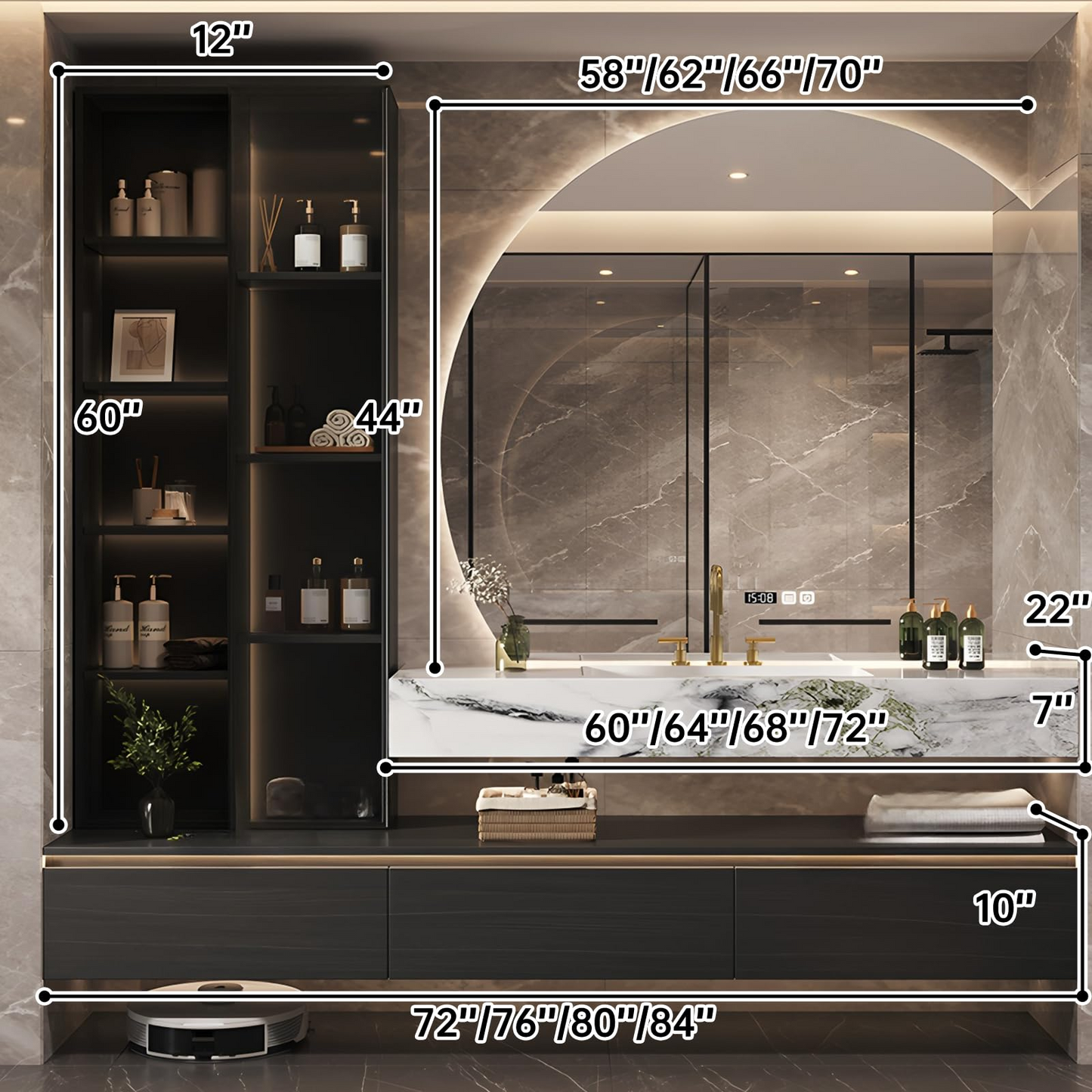 56''-84'' Bathroom Vanity with Single Sink and Semi-Circular Smart Mirror & Side Cabinet