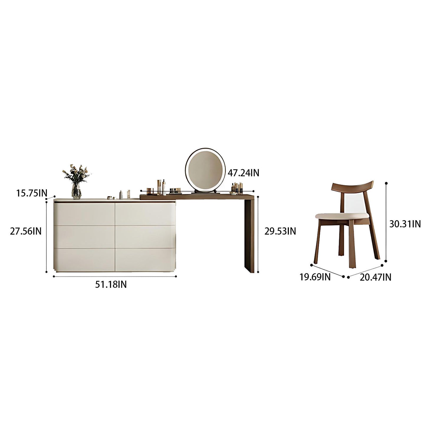 47'' Makeup Vanity with Walnut Veneer Top & Smart LED Lights Mirror and Stool,Mid Century