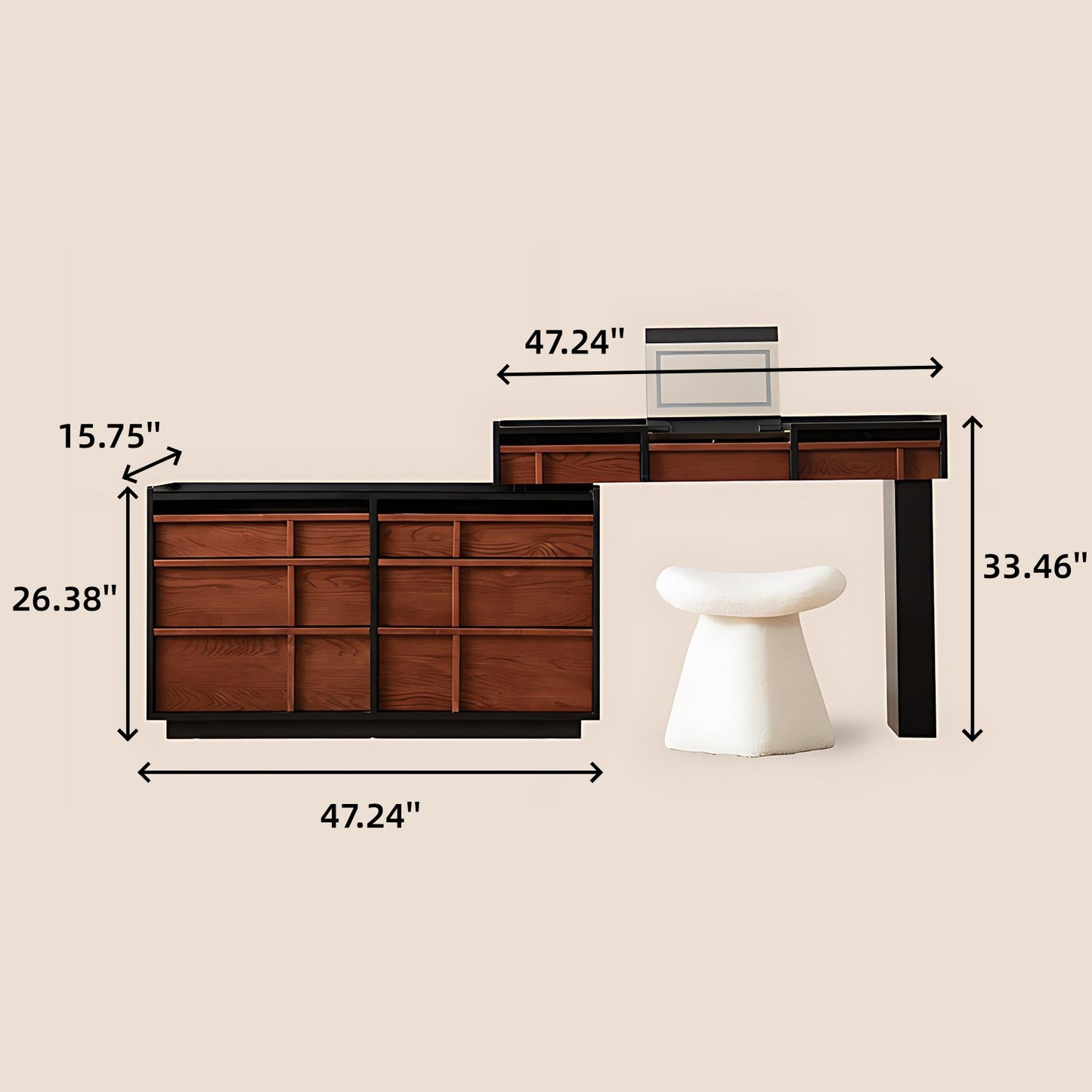47'' Vanity Set with Mirror and Tempered Glass Top & LED Ambient Light,Stool,Mid Century