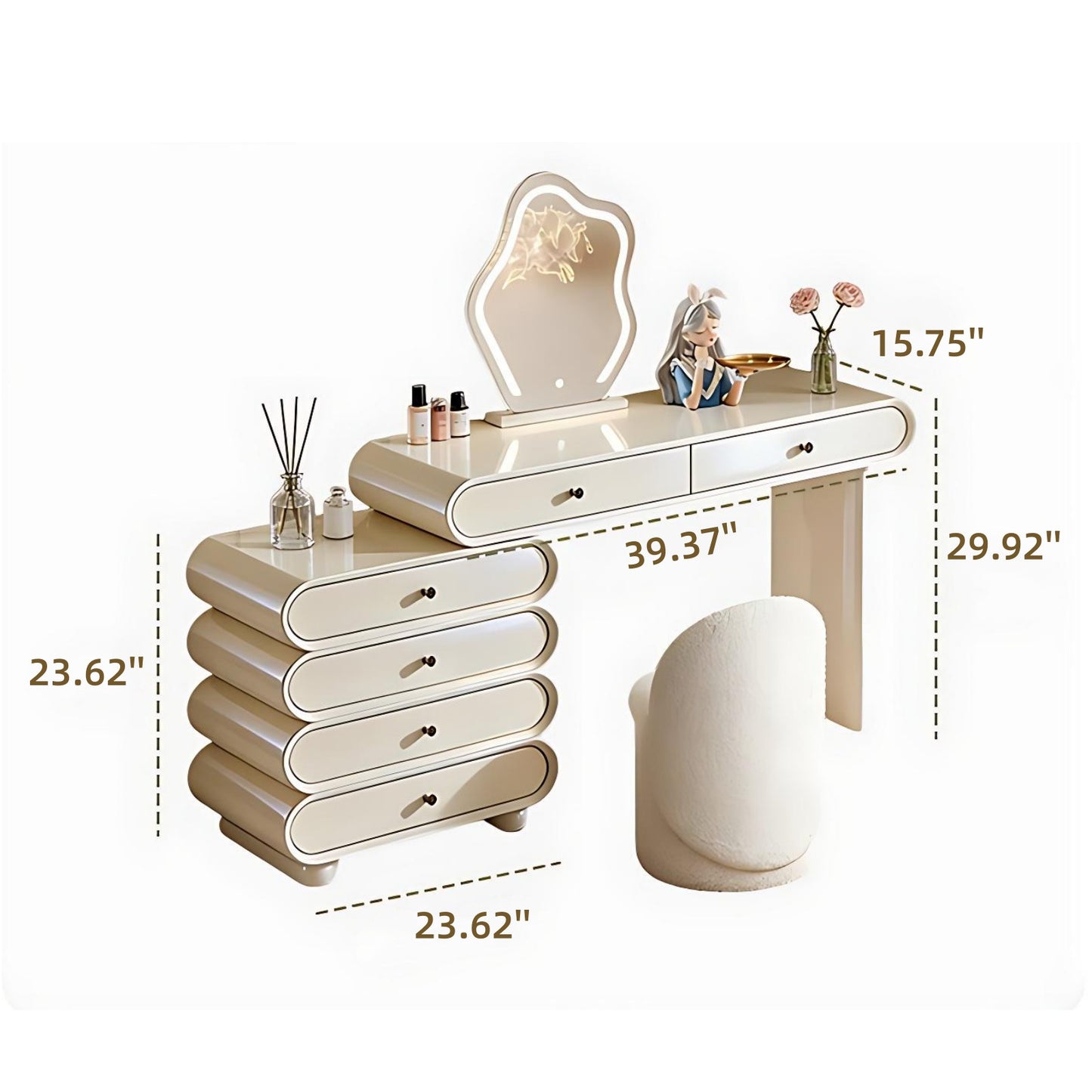 39'' Makeup Vanity with Smart LED Light Mirror and Stool,White,Baking Paint