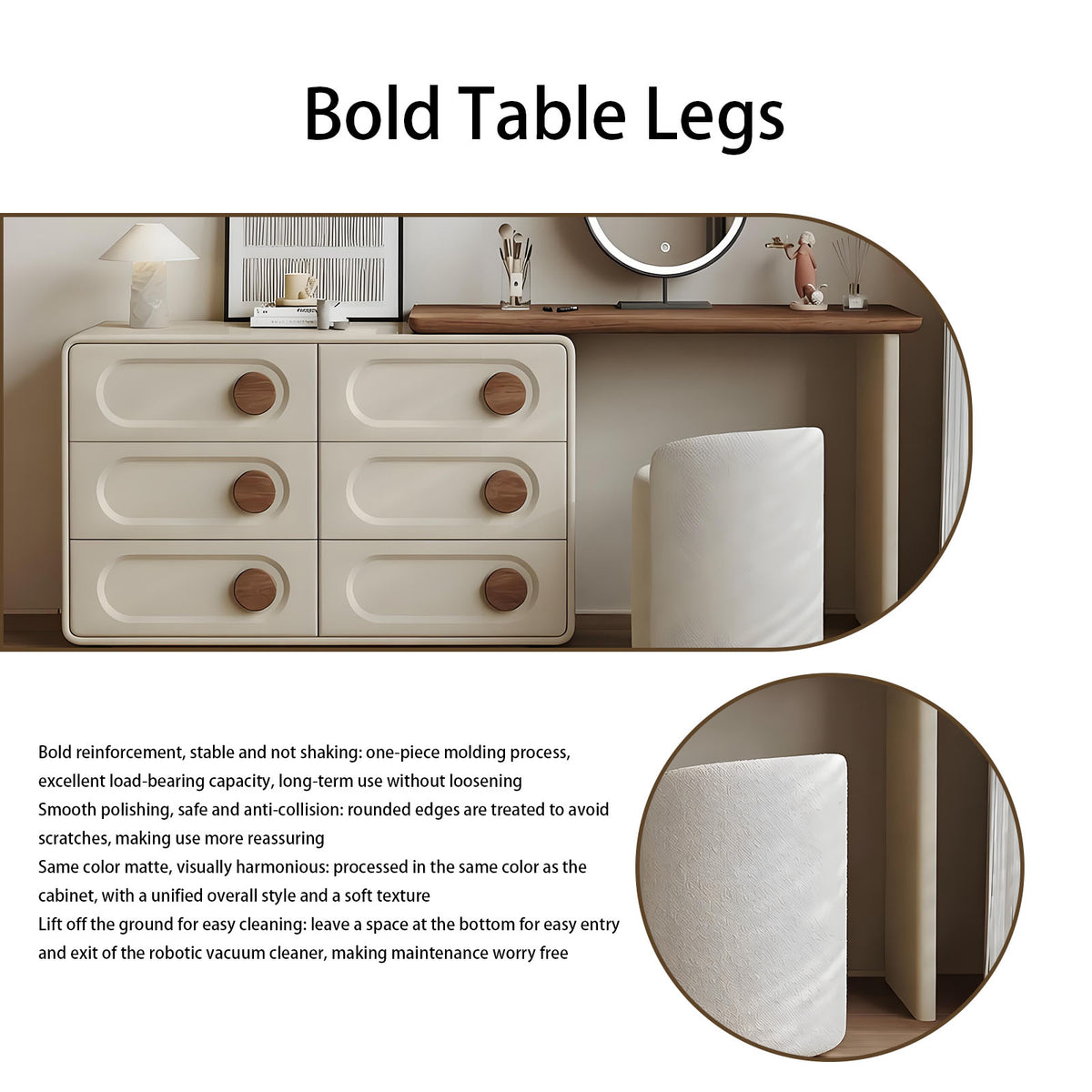 47'' Mid Century Vanity Desk with Smart LED Lights Mirror and Stool, Walnut Veneer