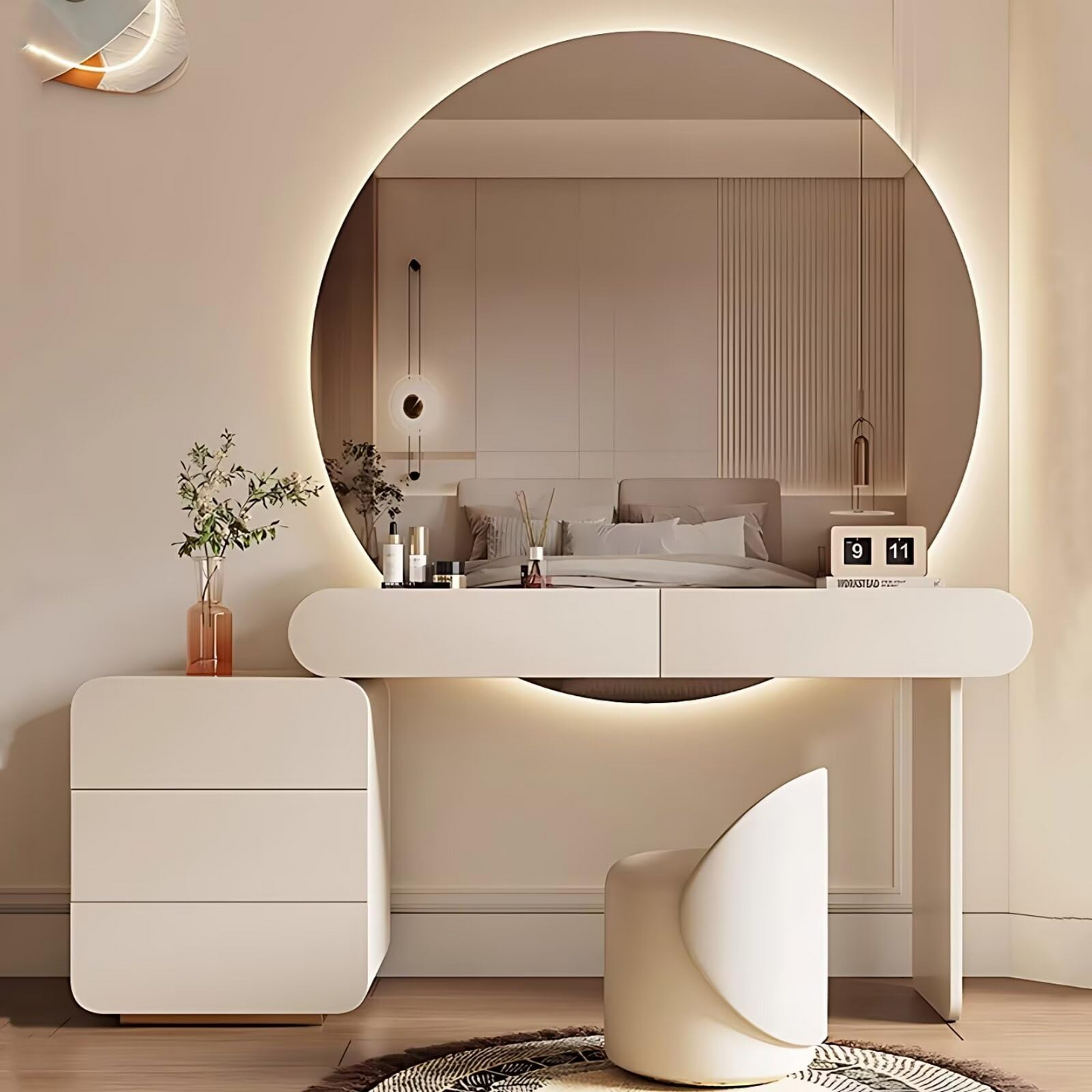 39''-47'' Makeup Vanity with Large Round LED Light Mirror and Stool