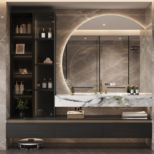 56''-84'' Bathroom Vanity with Single Sink and Semi-Circular Smart Mirror & Side Cabinet