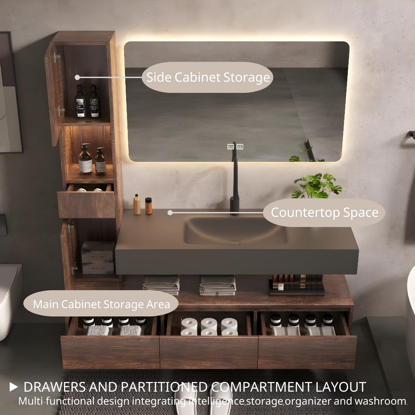 48''-80'' Floating Bathroom Vanity with Single Sink and Cabinet & Smart Mirror