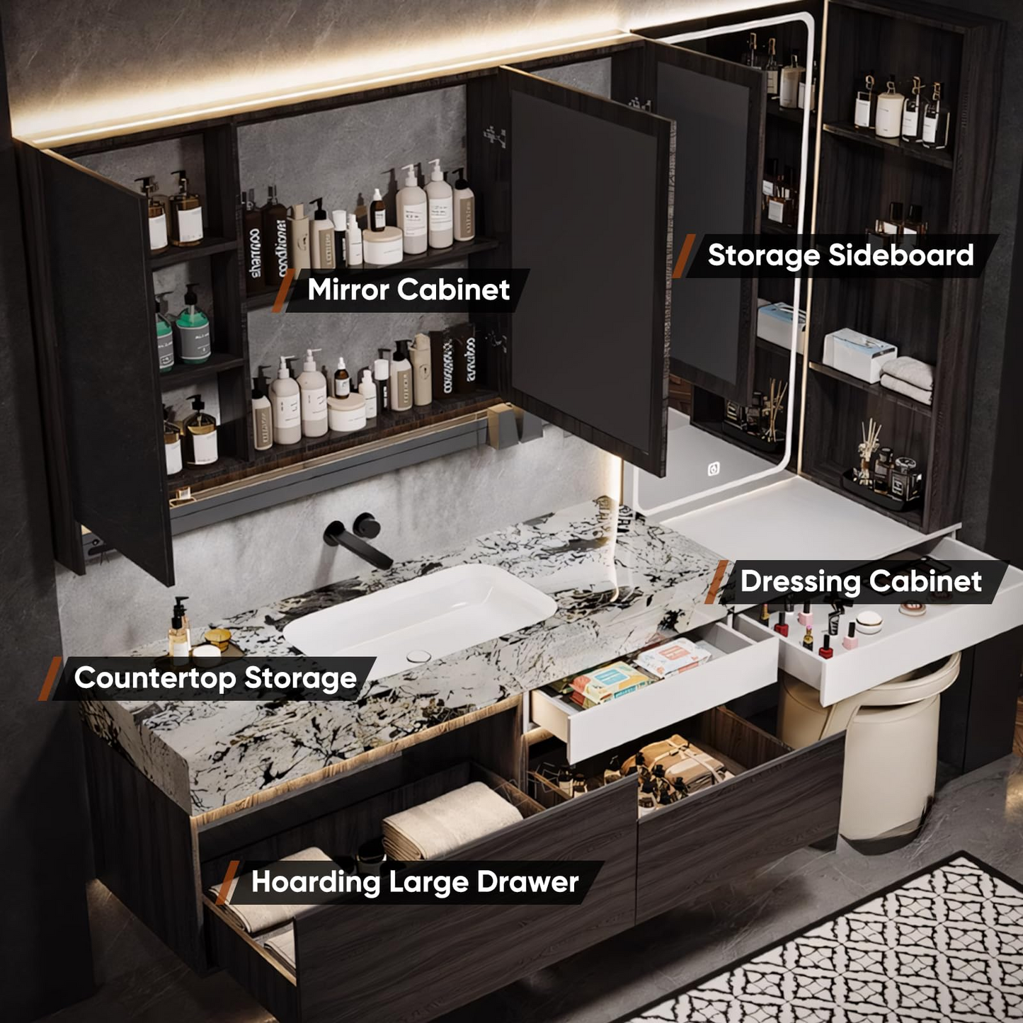 52''-80'' Floating Bathroom Vanity with LED Smart Mirror Cabinet & Multi-Function Shelf