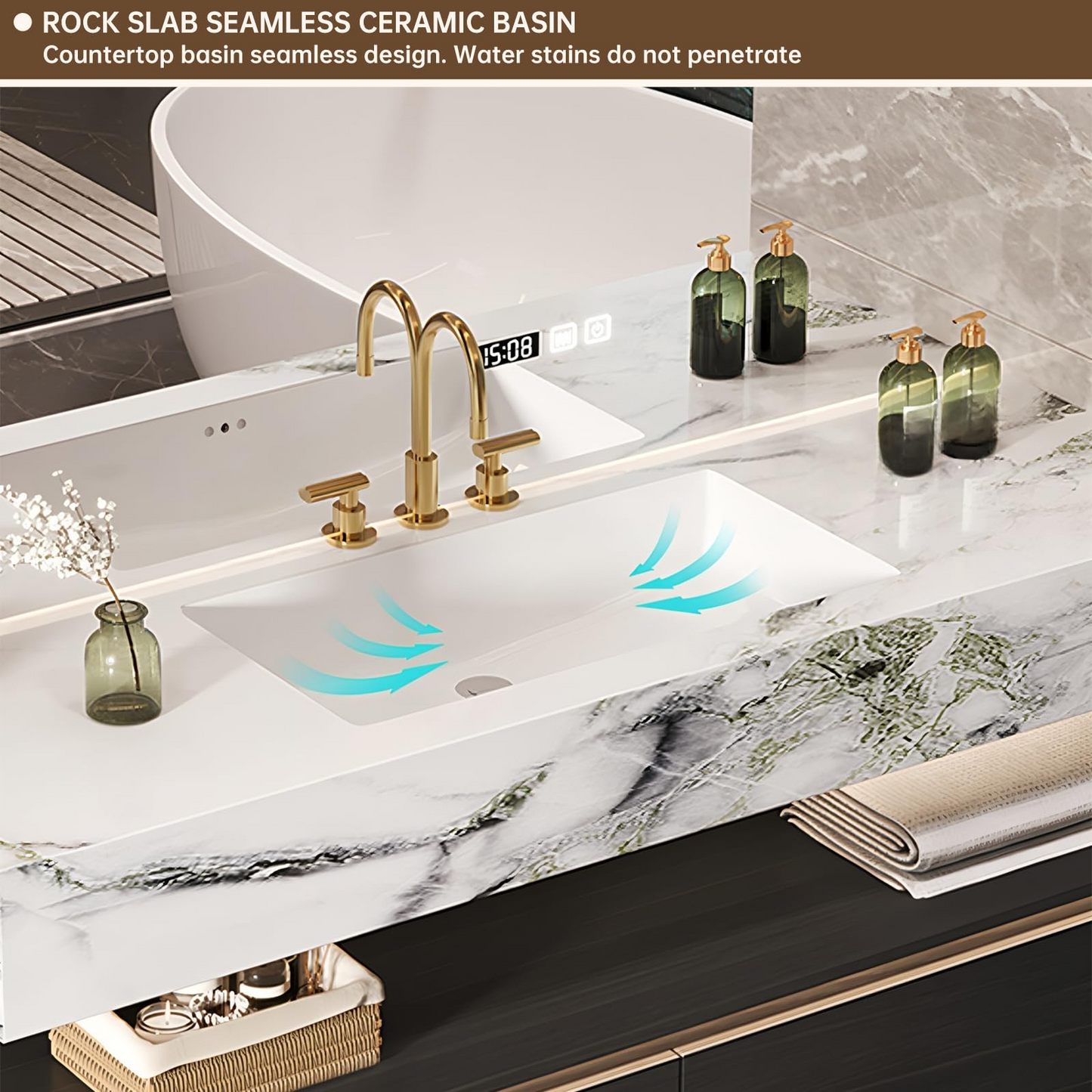 56''-84'' Bathroom Vanity with Single Sink and Semi-Circular Smart Mirror & Side Cabinet