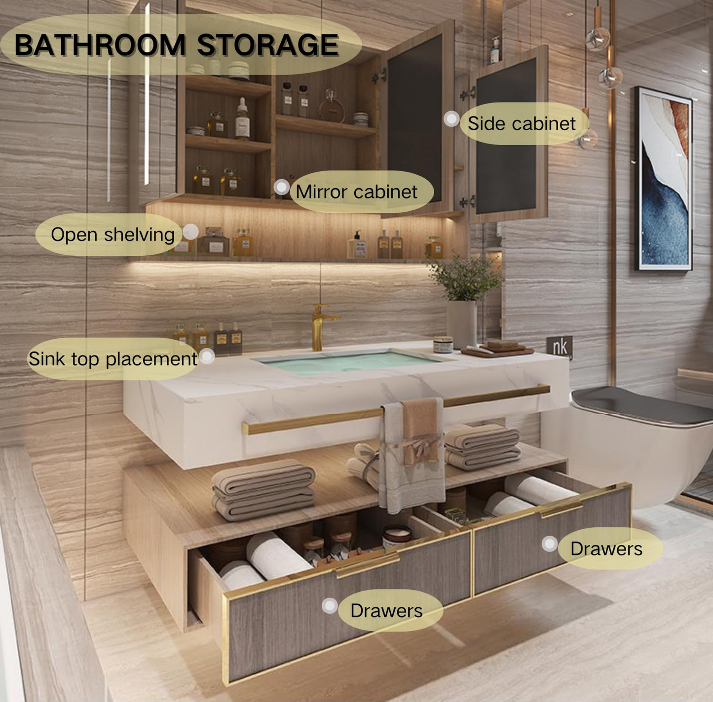 56''-80'' Floating Double Bathroom Vanity with Sink & Mirror Cabinet