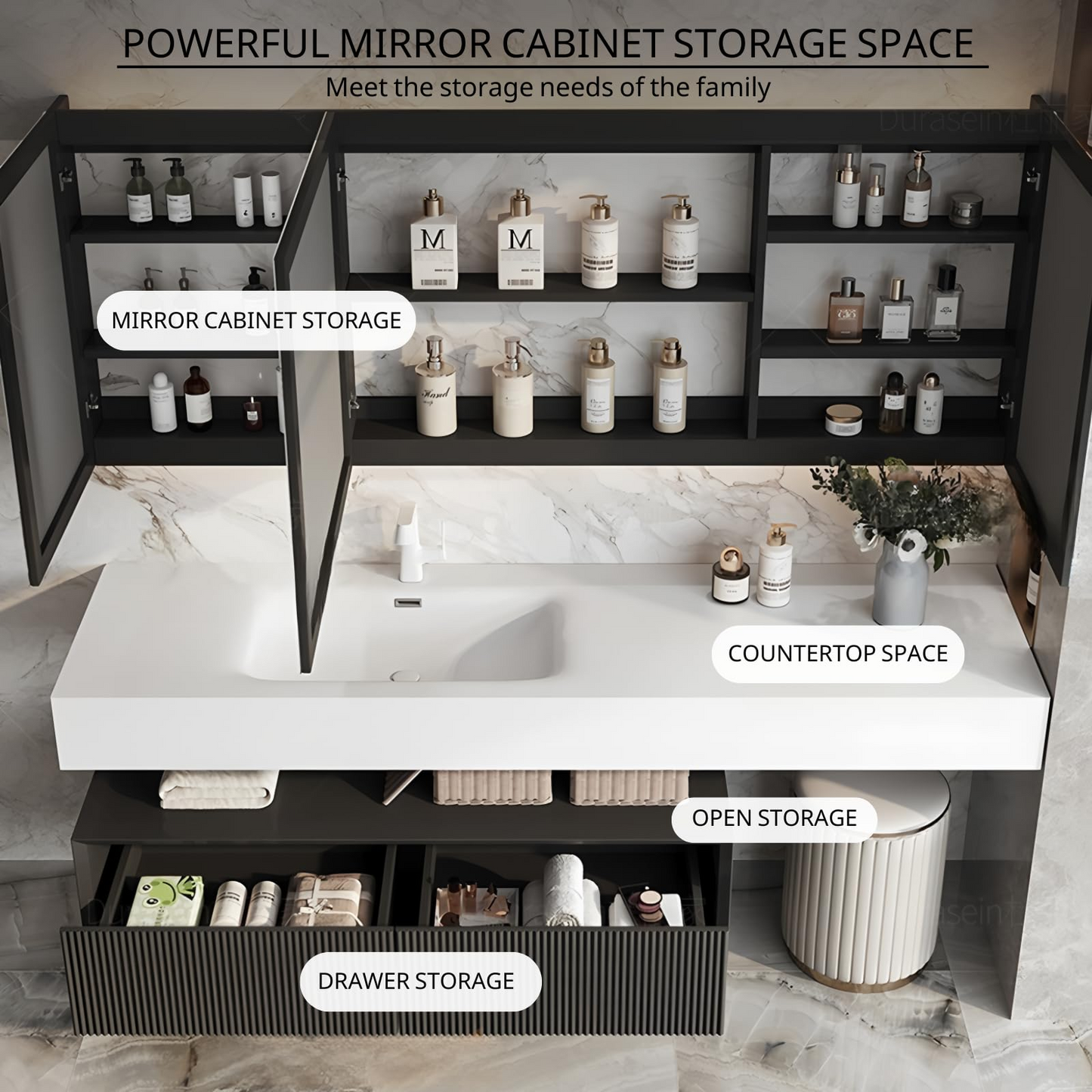 52''-80'' Floating Bathroom Vanity with Sink and LED Smart Defogging Cabinet & Drawer