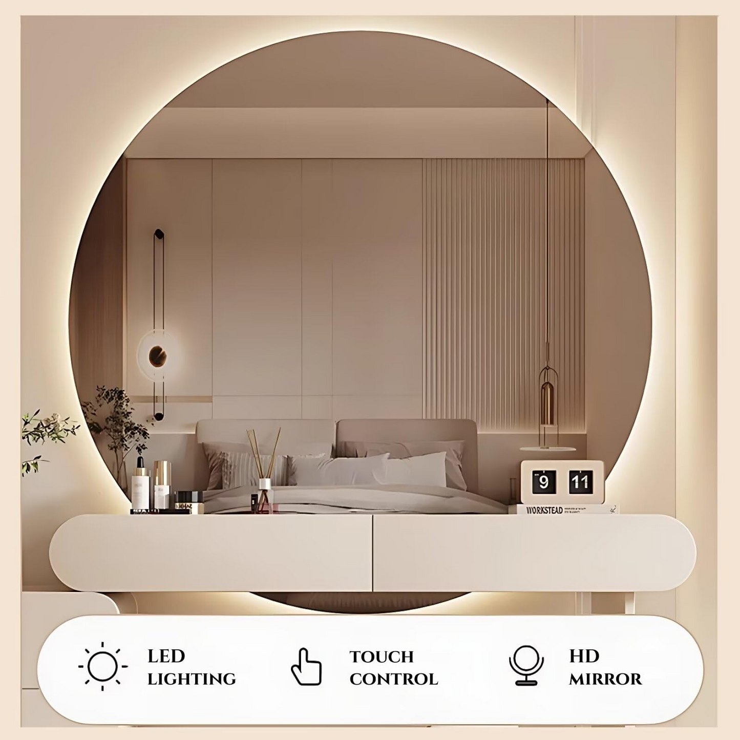 39''-47'' Makeup Vanity with Large Round LED Light Mirror and Stool