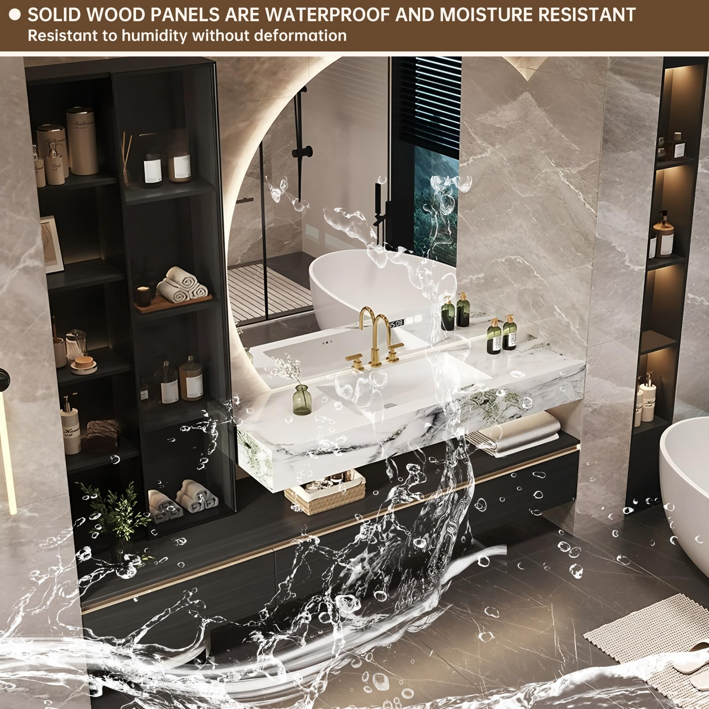 56''-84'' Bathroom Vanity with Single Sink and Semi-Circular Smart Mirror & Side Cabinet
