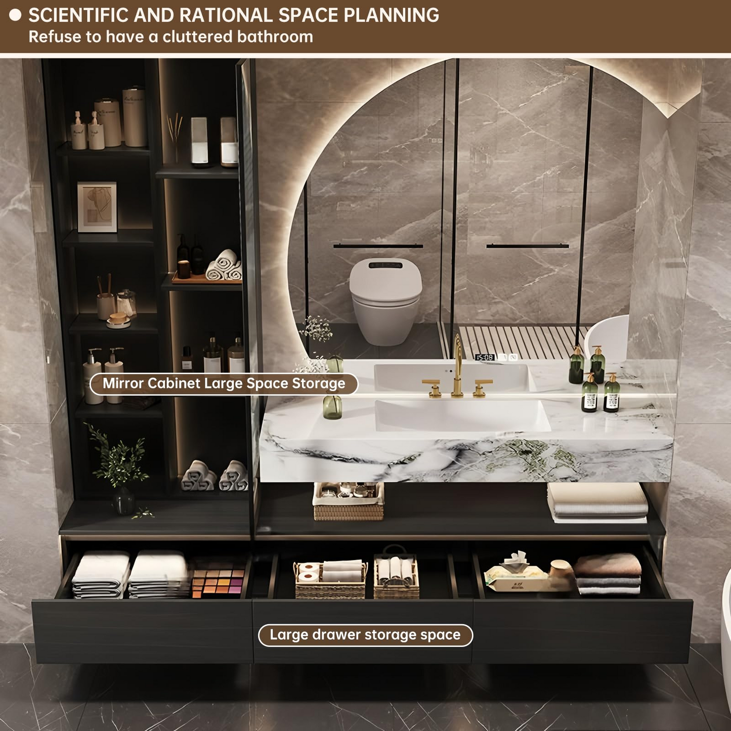 56''-84'' Bathroom Vanity with Single Sink and Semi-Circular Smart Mirror & Side Cabinet