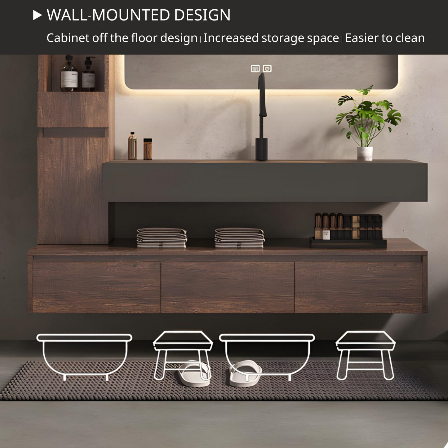 48''-80'' Floating Bathroom Vanity with Single Sink and Cabinet & Smart Mirror