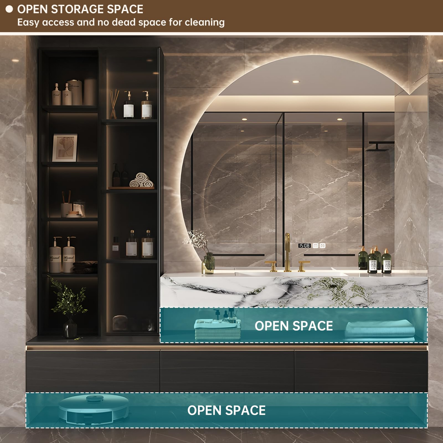 56''-84'' Bathroom Vanity with Single Sink and Semi-Circular Smart Mirror & Side Cabinet