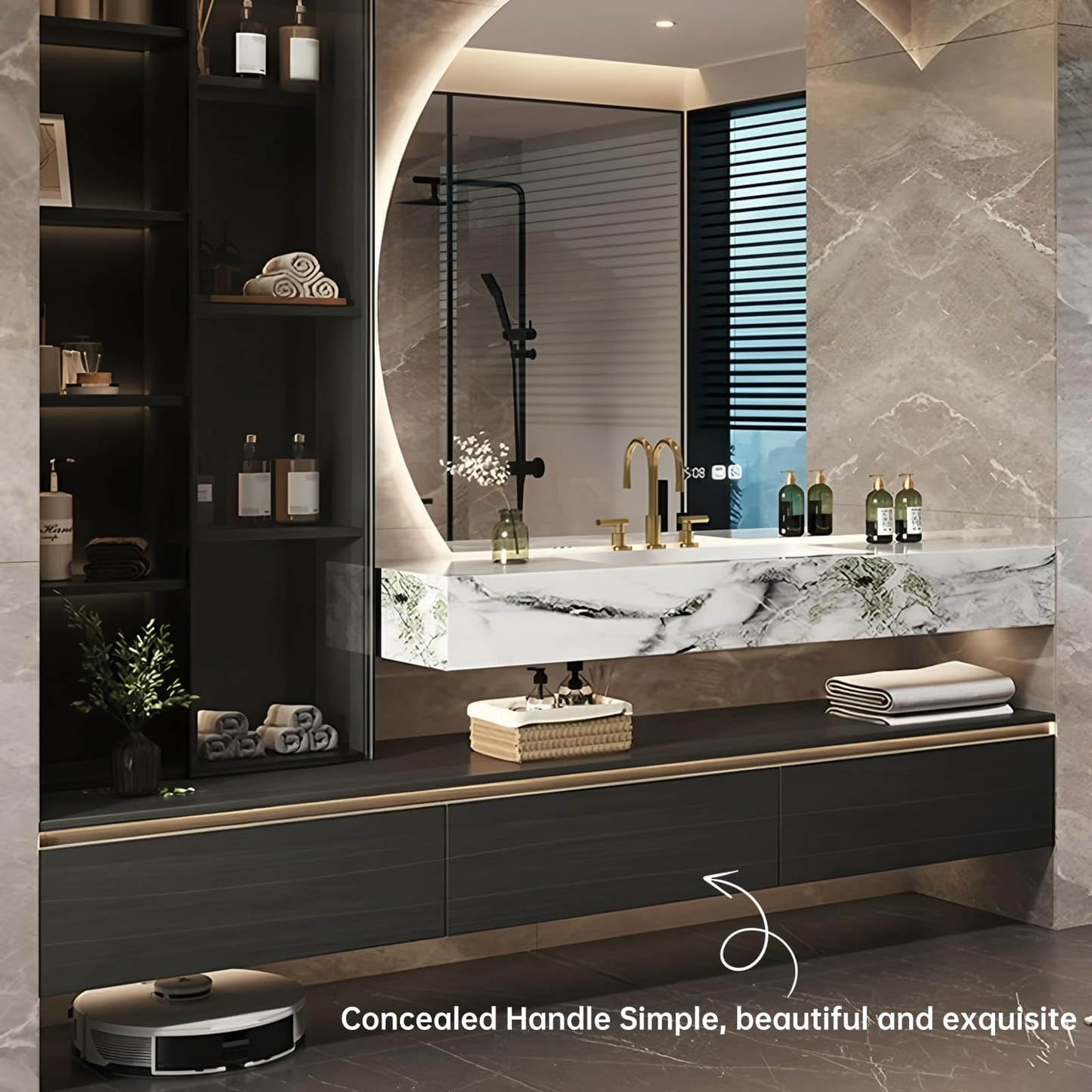 56''-84'' Bathroom Vanity with Single Sink and Semi-Circular Smart Mirror & Side Cabinet
