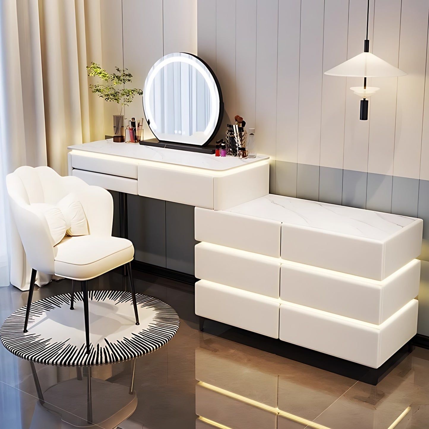 32''-47'' Makeup Vanity with LED Ambient Light and Stool & Mirror