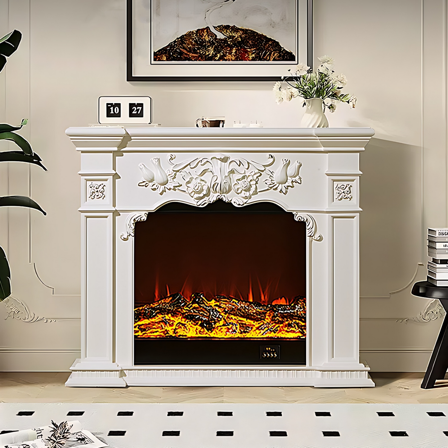 39''-59'' Electric Fireplace with Mantel & 3D Real Flame Effect and Carving