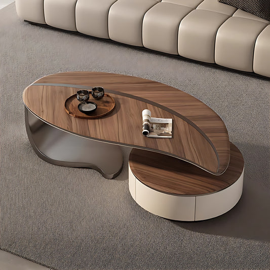 47''-63'' 2 Pieces Coffee Table,Mid Century Leaf Shaped Coffee Desk,Walnut Wood Grain