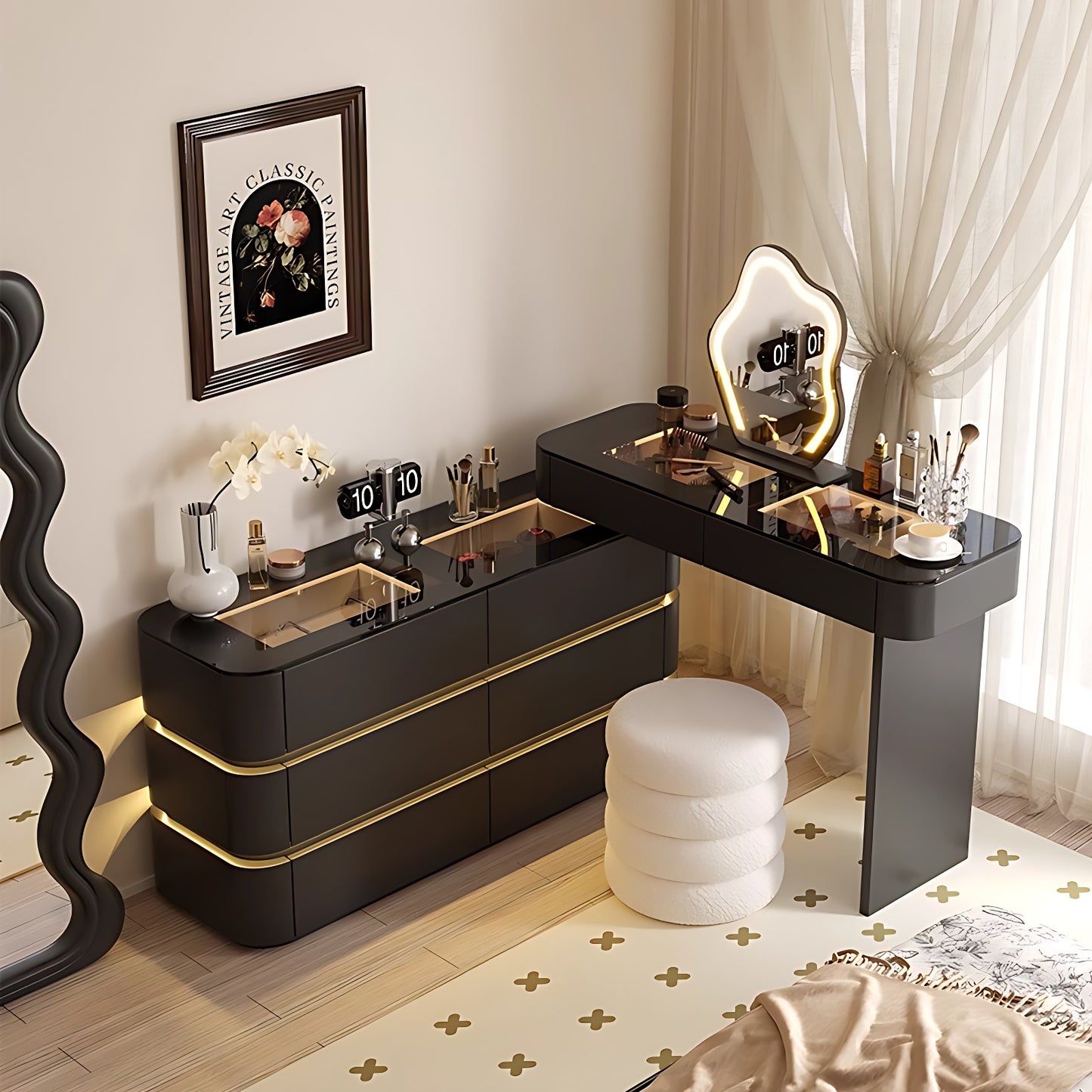 32''-47''Leather Vanity with Tempered Glass Top and Atmosphere Light,LED Mirror & Stool