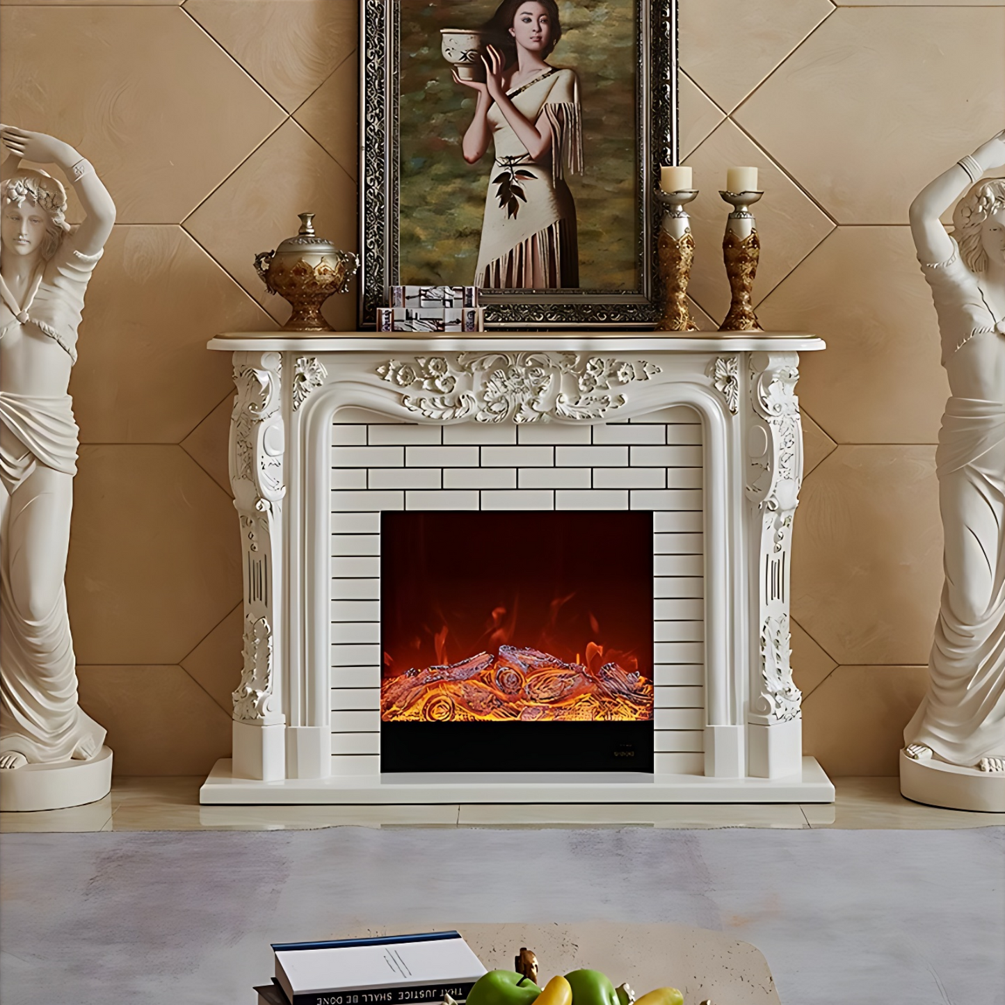 59'' European Style Electric Fireplace with Simulated Flame Effect and Exquisite Carving
