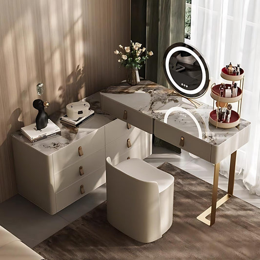 39'' Leather Makeup Vanity with Smart LED Light Mirror and Stool,Rock Slab Desktop