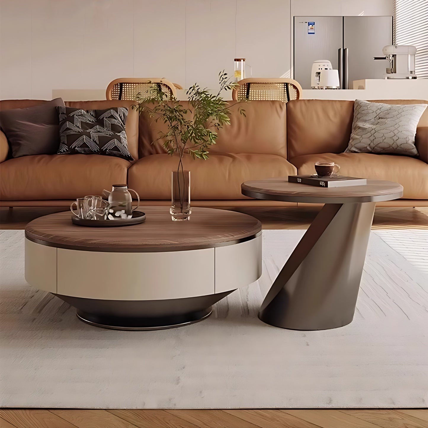 32''-35'' Round Coffee Table Set of 2,Walnut Grain Countertop Center Table