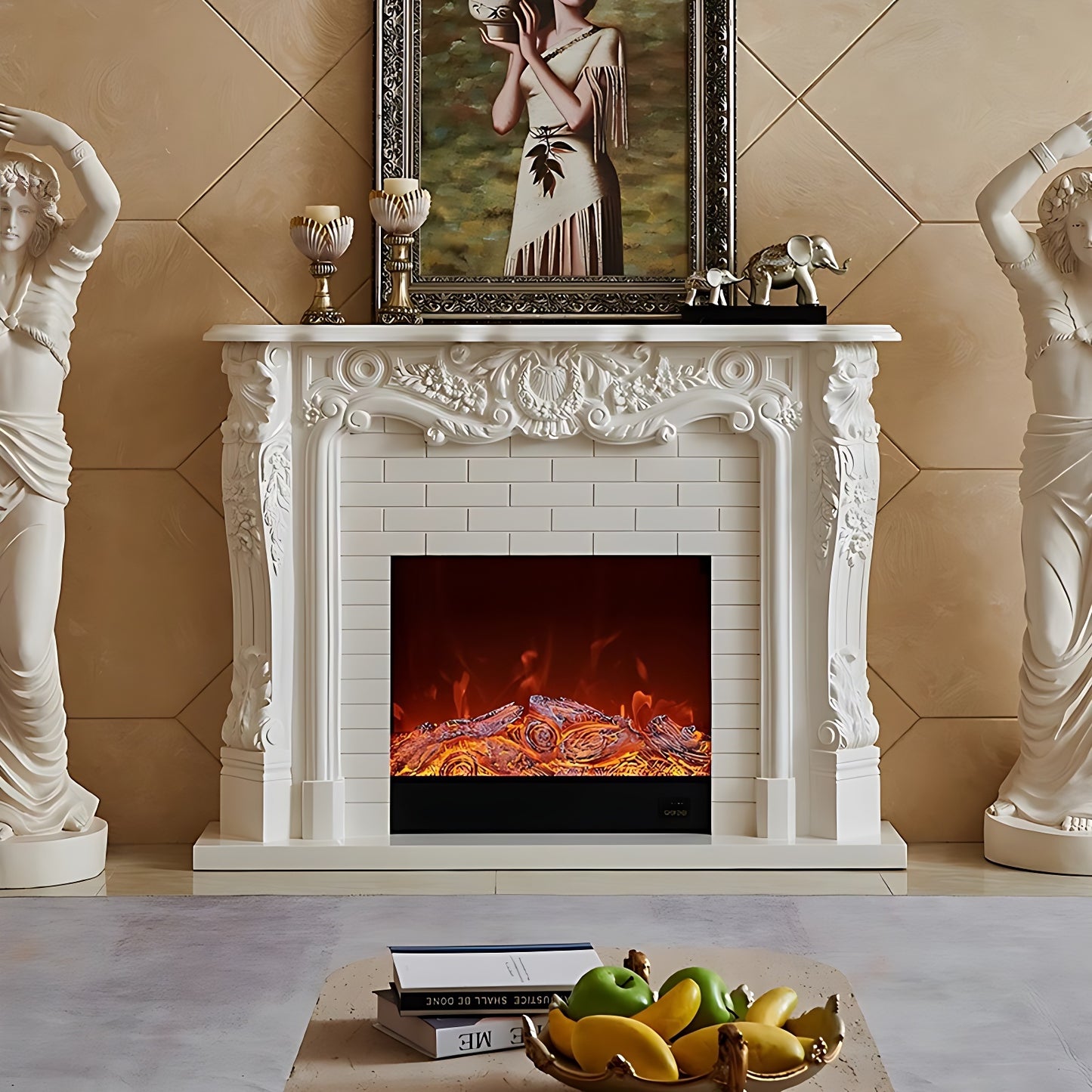 59'' European Electric Fireplace with Mantel & Real Flame Effect and Remote Control