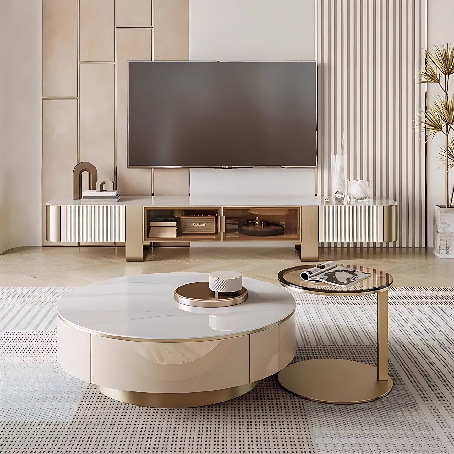 32''-35''Round Coffee Table Set with Rock Slab Countertop and Small Tempered Glass Desk