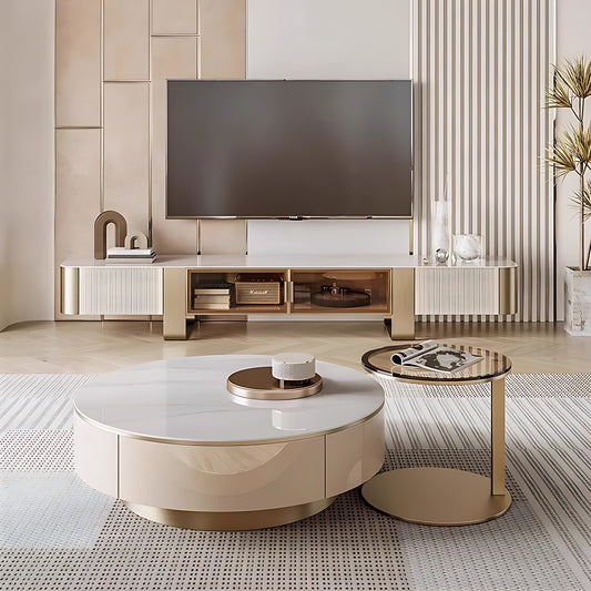 32''-35''Round Coffee Table Set with Rock Slab Countertop and Small Tempered Glass Desk