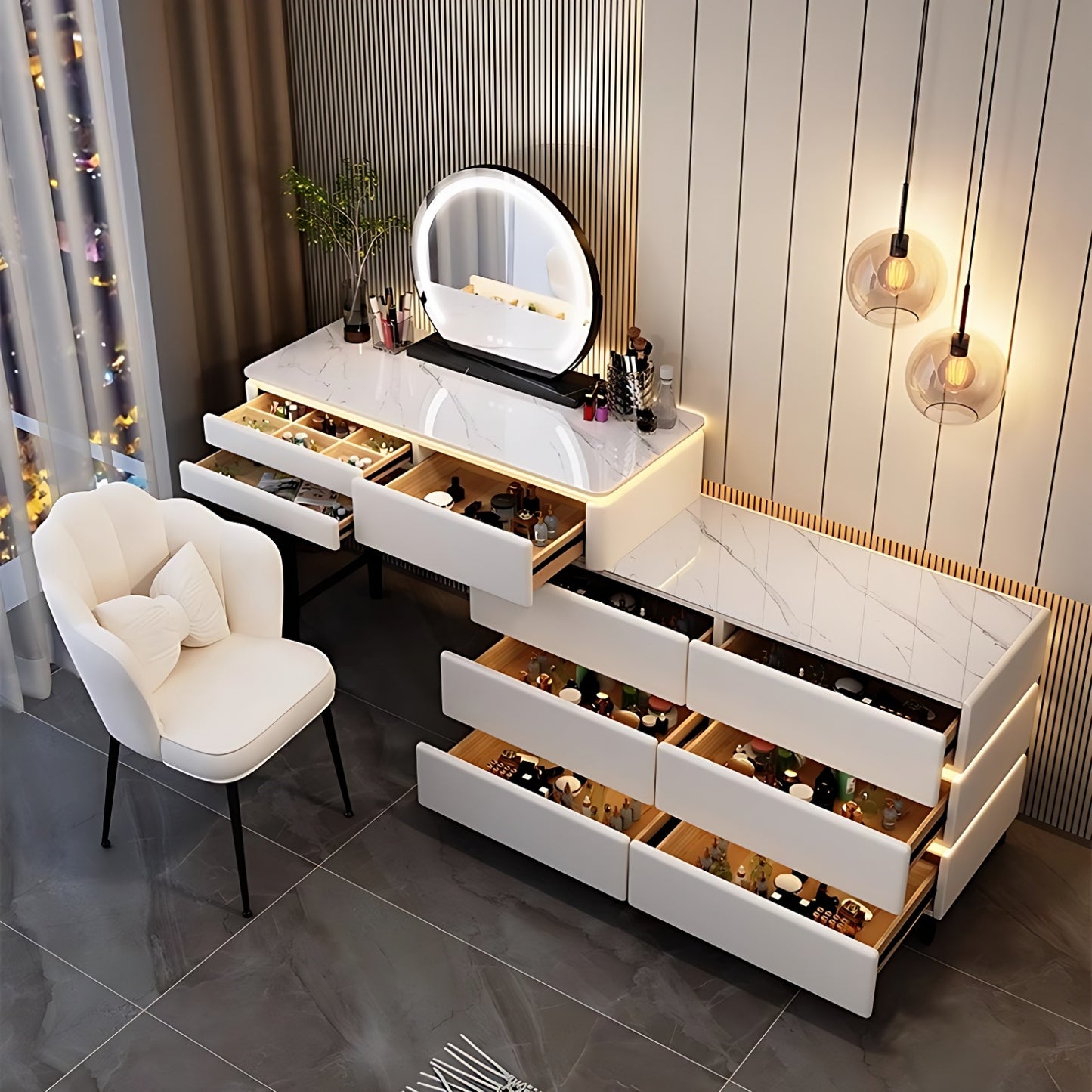 32''-47'' Makeup Vanity with LED Ambient Light and Stool & Mirror